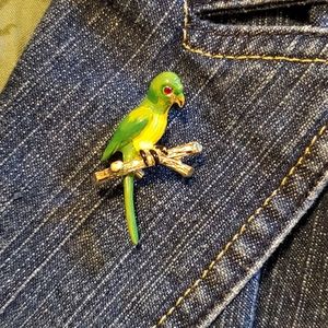 Green Parrot w Jewel Eye on Gold Tone Branch Brooch